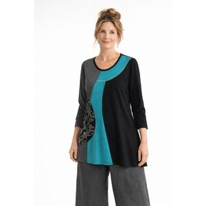 Leopards & Roses Colorblock Paisley Cotton Tunic L Black Teal Lagenlook Boho